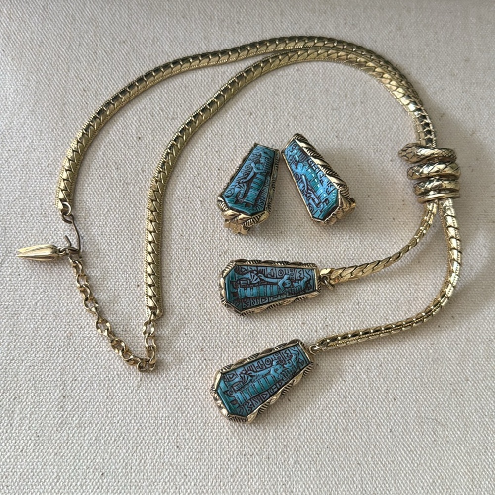 Vintage Whiting & Davis Egyptian Revival Lariat Necklace & Earrings